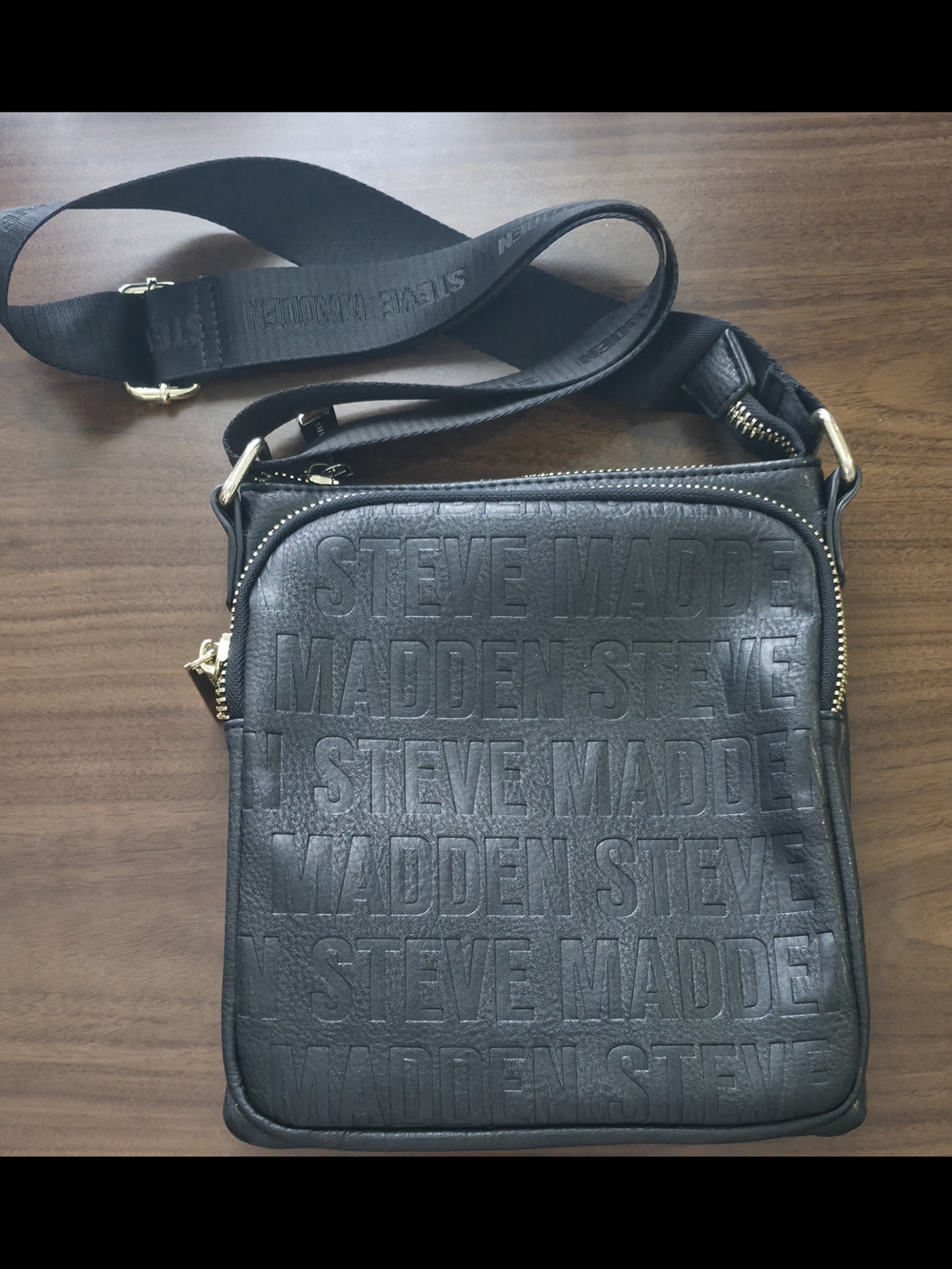 Steve Madden Black Embossed Logo Messenger Bag